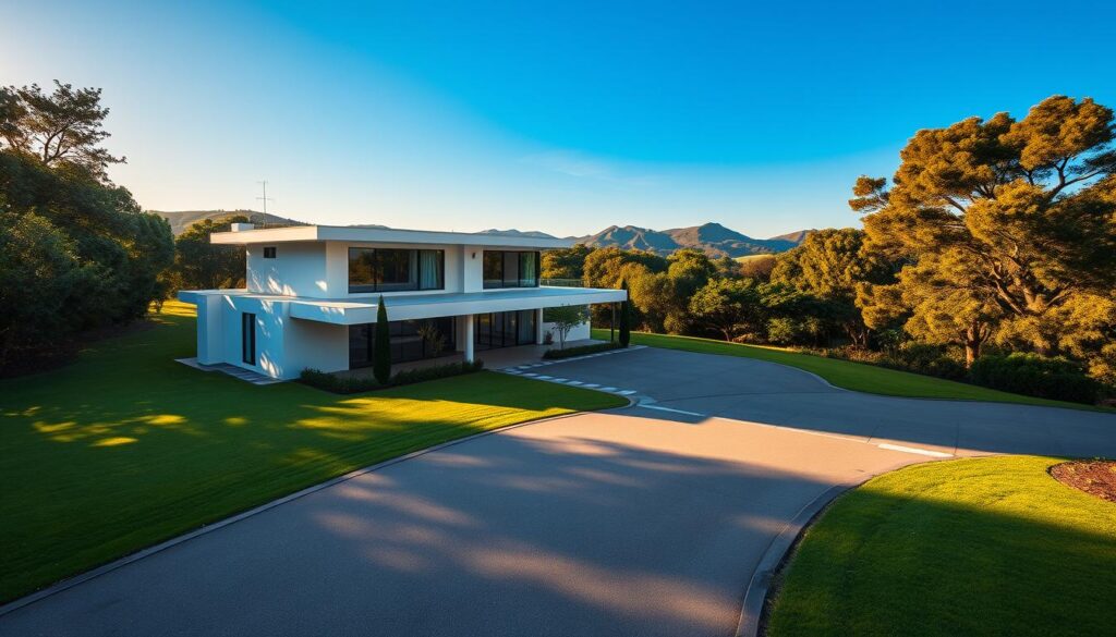 A sprawling modern home nestled in a lush, verdant landscape. The two-story structure features clean lines, large windows, and a sleek, minimalist design. A well-manicured lawn and a paved driveway lead up to the front entrance, which is flanked by carefully pruned shrubs and trees. Warm, golden sunlight bathes the scene, casting long shadows and creating a cozy, inviting atmosphere. In the distance, rolling hills and a clear blue sky complete the idyllic setting, conveying a sense of peace, comfort, and the realization of the Brazilian dream of homeownership. A sprawling modern home nestled in a lush, verdant landscape. The two-story structure features clean lines, large windows, and a sleek, minimalist design. A well-manicured lawn and a paved driveway lead up to the front entrance, which is flanked by carefully pruned shrubs and trees. Warm, golden sunlight bathes the scene, casting long shadows and creating a cozy, inviting atmosphere. In the distance, rolling hills and a clear blue sky complete the idyllic setting, conveying a sense of peace, comfort, and the realization of the Brazilian dream of homeownership.
