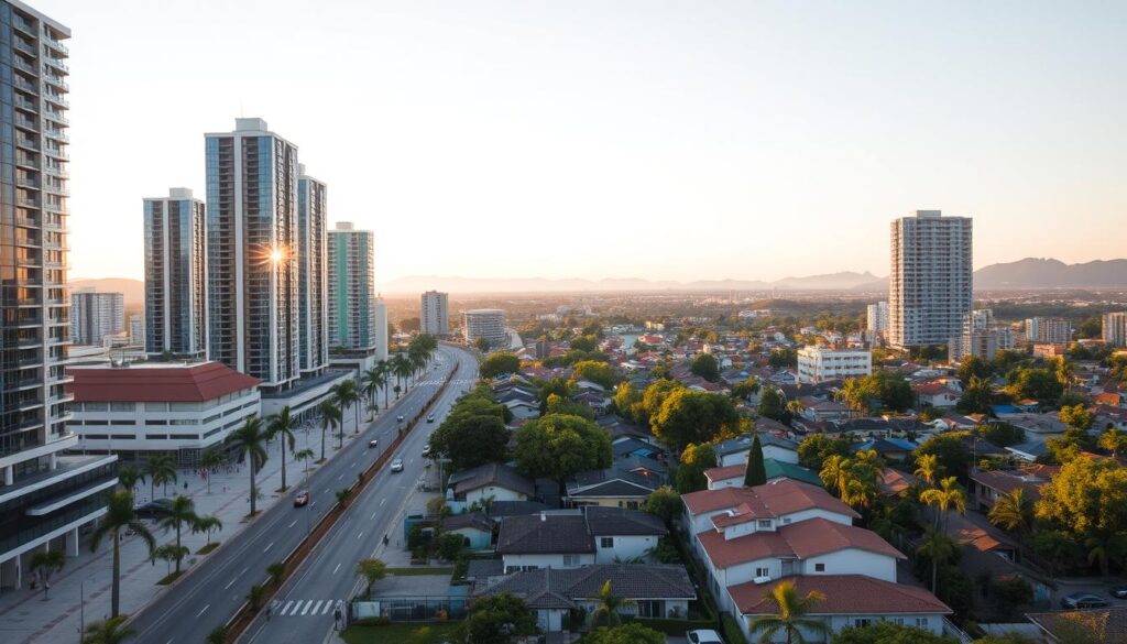 A sprawling urban landscape of Maringá, a vibrant city in southern Brazil. Sleek high-rise apartments dotting the skyline, their reflective glass facades catching the warm glow of the sun. In the foreground, a lively street scene with pedestrians and vehicles, showcasing the thriving local real estate market. The middle ground reveals neatly arranged residential neighborhoods, their well-maintained houses and lush greenery creating a harmonious, family-friendly atmosphere. The background features rolling hills and a distant horizon, providing a sense of the larger geographic context. The overall image conveys the current state of the Maringá real estate landscape - a balance of modern development, vibrant urban life, and a desirable suburban setting. A sprawling urban landscape of Maringá, a vibrant city in southern Brazil. Sleek high-rise apartments dotting the skyline, their reflective glass facades catching the warm glow of the sun. In the foreground, a lively street scene with pedestrians and vehicles, showcasing the thriving local real estate market. The middle ground reveals neatly arranged residential neighborhoods, their well-maintained houses and lush greenery creating a harmonious, family-friendly atmosphere. The background features rolling hills and a distant horizon, providing a sense of the larger geographic context. The overall image conveys the current state of the Maringá real estate landscape - a balance of modern development, vibrant urban life, and a desirable suburban setting.