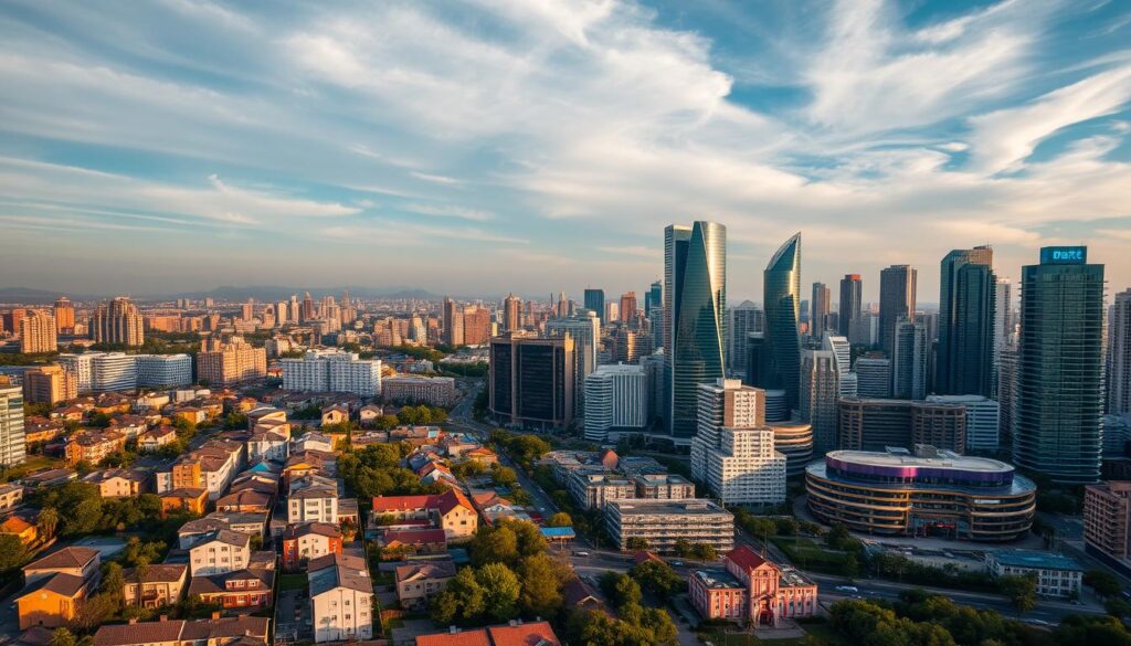 A sprawling urban landscape, with residential buildings on the left side and commercial structures on the right. The residential area features a mix of modern townhouses, apartment complexes, and single-family homes, bathed in warm, golden light. Contrasting this, the commercial district showcases towering skyscrapers, sleek office buildings, and bustling retail spaces, illuminated by cooler, blue-tinted lighting. The scene is captured from a low, angled perspective, emphasizing the scale and grandeur of the structures. The sky is filled with wispy clouds, adding depth and a sense of atmosphere to the image. The overall composition highlights the distinct differences between residential and commercial real estate, inviting the viewer to compare and consider the merits of each. A sprawling urban landscape, with residential buildings on the left side and commercial structures on the right. The residential area features a mix of modern townhouses, apartment complexes, and single-family homes, bathed in warm, golden light. Contrasting this, the commercial district showcases towering skyscrapers, sleek office buildings, and bustling retail spaces, illuminated by cooler, blue-tinted lighting. The scene is captured from a low, angled perspective, emphasizing the scale and grandeur of the structures. The sky is filled with wispy clouds, adding depth and a sense of atmosphere to the image. The overall composition highlights the distinct differences between residential and commercial real estate, inviting the viewer to compare and consider the merits of each.