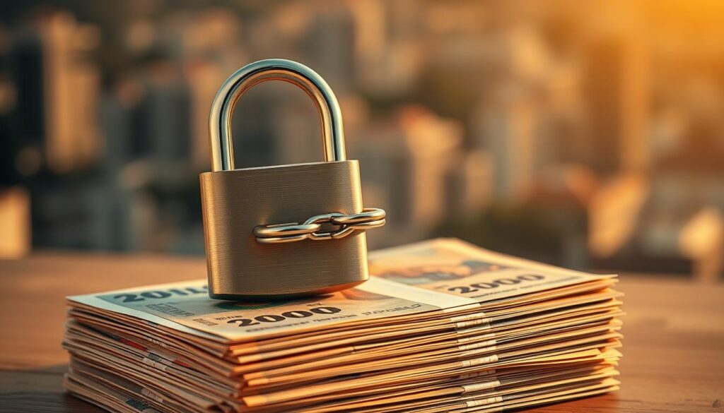 A stacked pile of Brazilian Real banknotes, with a metallic padlock and chain symbolizing the Fundo de Garantia do Tempo de Serviço (FGTS), a government-managed employment severance fund. The scene is bathed in warm, golden lighting, creating a sense of security and financial stability. The background features a blurred cityscape, hinting at the broader economic context. The composition emphasizes the importance and safeguarding of this employee-funded savings account, critical to the section's discussion of FGTS deposits, withdrawals, and account balances. A stacked pile of Brazilian Real banknotes, with a metallic padlock and chain symbolizing the Fundo de Garantia do Tempo de Serviço (FGTS), a government-managed employment severance fund. The scene is bathed in warm, golden lighting, creating a sense of security and financial stability. The background features a blurred cityscape, hinting at the broader economic context. The composition emphasizes the importance and safeguarding of this employee-funded savings account, critical to the section's discussion of FGTS deposits, withdrawals, and account balances.