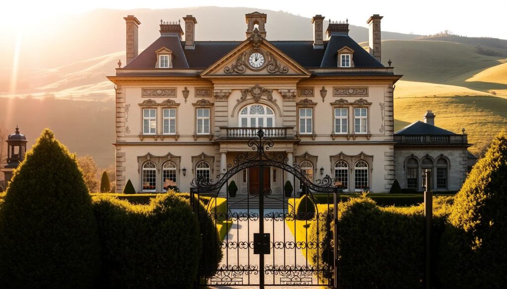 A stately manor house, its facade adorned with intricate architectural details, stands against a backdrop of lush, rolling hills. The building exudes an air of grandeur and timelessness, symbolizing the permanence and stability associated with real estate. Sunlight filters through the windows, casting warm, golden hues across the scene. The foreground is dotted with carefully manicured hedges and a wrought-iron gate, suggesting a sense of exclusivity and restricted access. The overall composition conveys the concept of "indisponibilidade de bens imóveis," a state of limited availability or legal encumbrance regarding the property, as if the estate is off-limits or protected from external interference. A stately manor house, its facade adorned with intricate architectural details, stands against a backdrop of lush, rolling hills. The building exudes an air of grandeur and timelessness, symbolizing the permanence and stability associated with real estate. Sunlight filters through the windows, casting warm, golden hues across the scene. The foreground is dotted with carefully manicured hedges and a wrought-iron gate, suggesting a sense of exclusivity and restricted access. The overall composition conveys the concept of "indisponibilidade de bens imóveis," a state of limited availability or legal encumbrance regarding the property, as if the estate is off-limits or protected from external interference.
