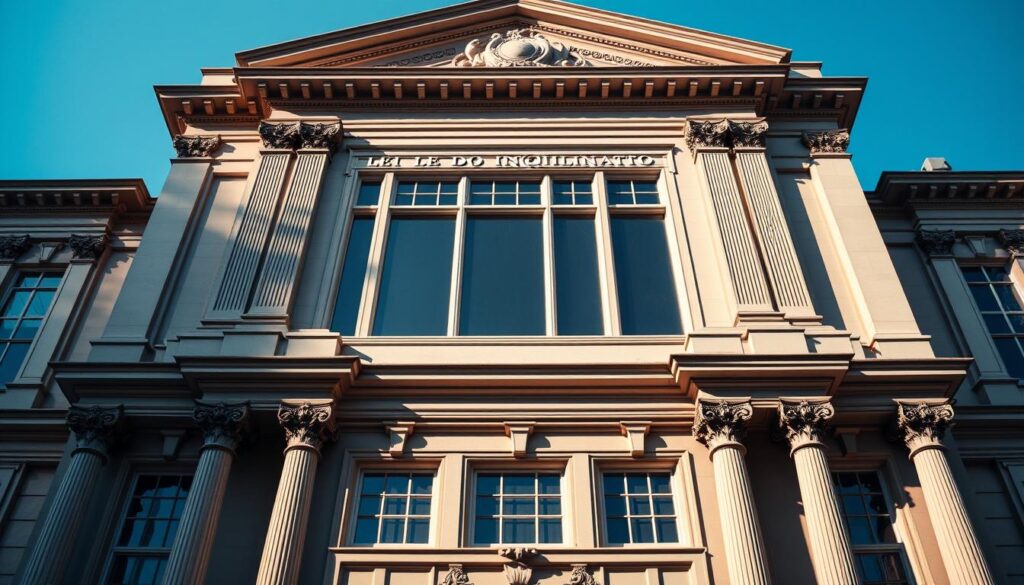 A striking architectural facade, the Lei do Inquilinato evokes the legal foundations of rental contracts in Brazil. Set against a clear blue sky, the imposing structure features ornate columns, intricate moldings, and large windows that allow natural light to pour in. The building's stately presence exudes a sense of authority and historical significance, conveying the solidity and durability of the legal framework governing rental agreements. Soft shadows and muted tones create a sense of gravitas, while the clean, symmetrical design lends an air of formality and institutional solemnity. This image captures the essence of the "Base legal dos contratos de locação no Brasil" - a visual representation of the laws and regulations that underpin the rental landscape in the country. A striking architectural facade, the Lei do Inquilinato evokes the legal foundations of rental contracts in Brazil. Set against a clear blue sky, the imposing structure features ornate columns, intricate moldings, and large windows that allow natural light to pour in. The building's stately presence exudes a sense of authority and historical significance, conveying the solidity and durability of the legal framework governing rental agreements. Soft shadows and muted tones create a sense of gravitas, while the clean, symmetrical design lends an air of formality and institutional solemnity. This image captures the essence of the "Base legal dos contratos de locação no Brasil" - a visual representation of the laws and regulations that underpin the rental landscape in the country.