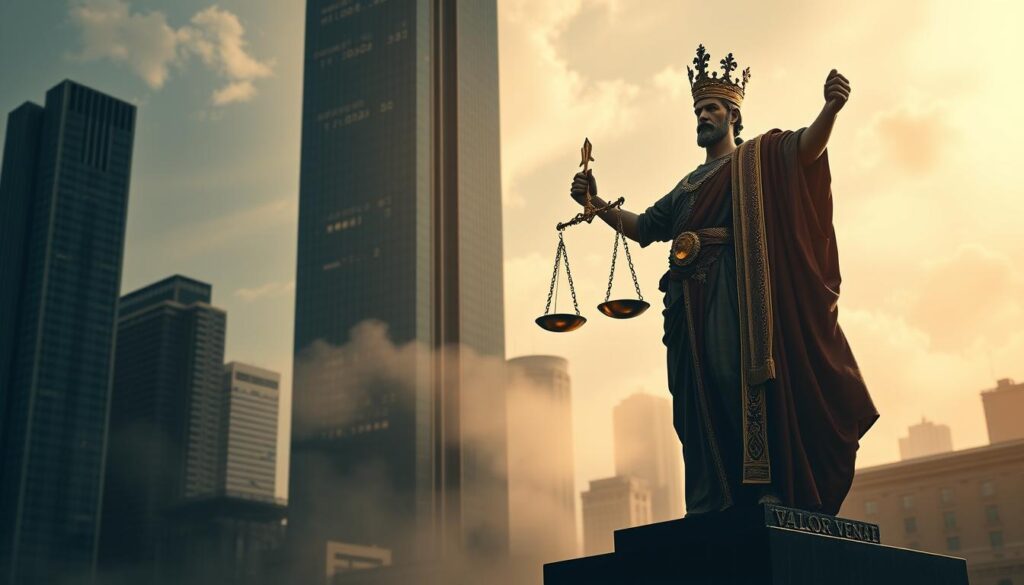 A striking illustration of the dichotomy between "valor venal" (mercantile value) and "valor de mercado" (market value). In the foreground, a powerful figure representing commercial interests, clad in a regal robe and wielding the scales of commerce, stands resolute against a backdrop of towering skyscrapers and financial data streams. The middle ground is a hazy realm where these two concepts intertwine, suggesting the complex relationship between intrinsic worth and market forces. The lighting is dramatic, casting long shadows and highlighting the tension between the tangible and the abstract. The composition is balanced, with a sense of both grandeur and unease, capturing the essence of the subject matter. A striking illustration of the dichotomy between "valor venal" (mercantile value) and "valor de mercado" (market value). In the foreground, a powerful figure representing commercial interests, clad in a regal robe and wielding the scales of commerce, stands resolute against a backdrop of towering skyscrapers and financial data streams. The middle ground is a hazy realm where these two concepts intertwine, suggesting the complex relationship between intrinsic worth and market forces. The lighting is dramatic, casting long shadows and highlighting the tension between the tangible and the abstract. The composition is balanced, with a sense of both grandeur and unease, capturing the essence of the subject matter.