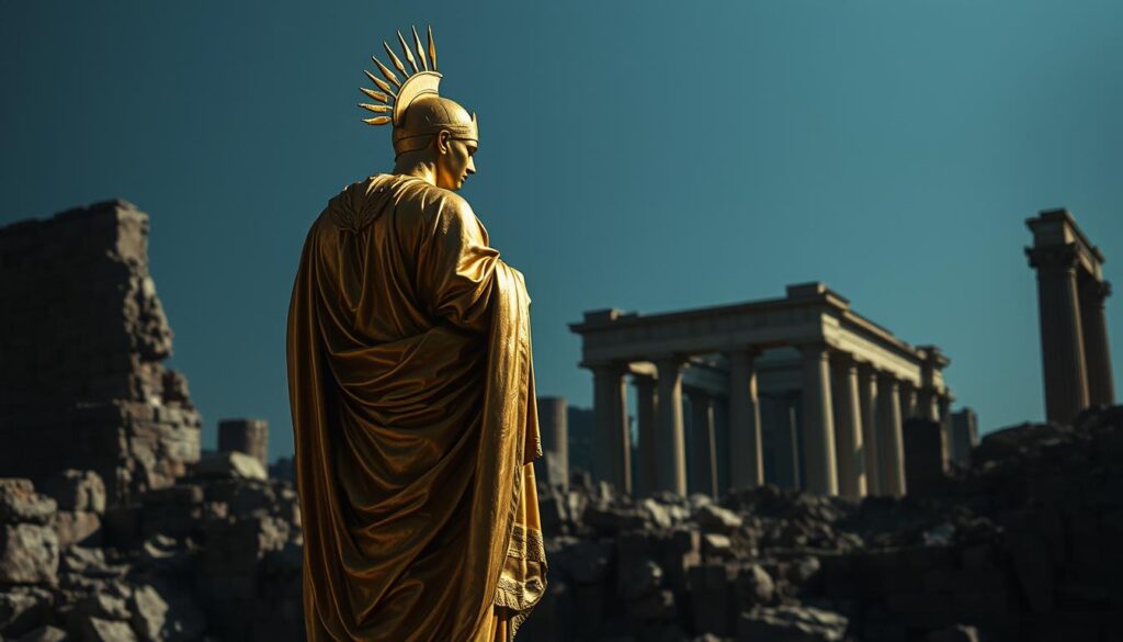 A striking juxtaposition of material wealth and moral decay. In the foreground, a glimmering golden statue, symbolic of greed and decadence, stands in stark contrast to the somber, crumbling ruins in the background. The lighting is harsh and dramatic, casting deep shadows that evoke a sense of unease and discomfort. The composition is balanced, with the central figure commanding attention, while the surroundings hint at a deeper, more complex narrative. The overall mood is one of disillusionment and the corrupting influence of material possessions, capturing the essence of "valor venal" (venal value) against the backdrop of a once-grand, now-diminished civilization. A striking juxtaposition of material wealth and moral decay. In the foreground, a glimmering golden statue, symbolic of greed and decadence, stands in stark contrast to the somber, crumbling ruins in the background. The lighting is harsh and dramatic, casting deep shadows that evoke a sense of unease and discomfort. The composition is balanced, with the central figure commanding attention, while the surroundings hint at a deeper, more complex narrative. The overall mood is one of disillusionment and the corrupting influence of material possessions, capturing the essence of "valor venal" (venal value) against the backdrop of a once-grand, now-diminished civilization.