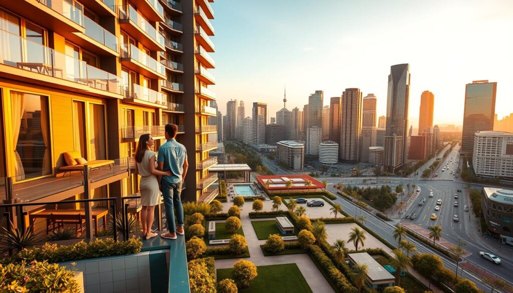 A stunning modern apartment building set against a vibrant urban skyline, bathed in warm golden hour lighting. In the foreground, a couple stands on a balcony, gazing out at the city, contemplating the decision to purchase their own home. The mid-ground features a neatly landscaped courtyard with lush greenery and a tranquil reflecting pool. The background showcases a cityscape of sleek high-rise towers and bustling streets, hinting at the opportunities and lifestyle that come with investing in real estate in 2025. The scene conveys a sense of optimism, prosperity, and the allure of owning a piece of the urban landscape. A stunning modern apartment building set against a vibrant urban skyline, bathed in warm golden hour lighting. In the foreground, a couple stands on a balcony, gazing out at the city, contemplating the decision to purchase their own home. The mid-ground features a neatly landscaped courtyard with lush greenery and a tranquil reflecting pool. The background showcases a cityscape of sleek high-rise towers and bustling streets, hinting at the opportunities and lifestyle that come with investing in real estate in 2025. The scene conveys a sense of optimism, prosperity, and the allure of owning a piece of the urban landscape.