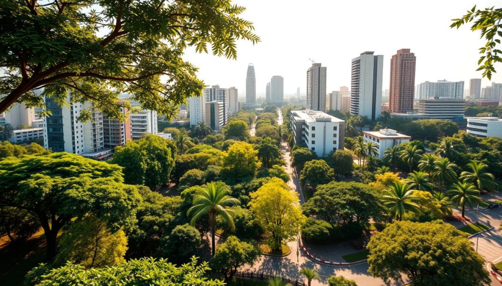 A sun-dappled cityscape showcasing the lush greenery of Curitiba, Londrina, and Maringá, capturing the vibrant urban environments side-by-side. Towering skyscrapers and tree-lined boulevards create a striking contrast, highlighting the verdant parks and gardens that define each city's unique character. Warm, diffused lighting casts a golden glow, emphasizing the harmony between the built and natural worlds. The perspective shifts seamlessly between the three locations, inviting the viewer to compare and appreciate the verdant urban oases. An elegant, balanced composition that celebrates the verdant heart of these thriving Brazilian cities. A sun-dappled cityscape showcasing the lush greenery of Curitiba, Londrina, and Maringá, capturing the vibrant urban environments side-by-side. Towering skyscrapers and tree-lined boulevards create a striking contrast, highlighting the verdant parks and gardens that define each city's unique character. Warm, diffused lighting casts a golden glow, emphasizing the harmony between the built and natural worlds. The perspective shifts seamlessly between the three locations, inviting the viewer to compare and appreciate the verdant urban oases. An elegant, balanced composition that celebrates the verdant heart of these thriving Brazilian cities.