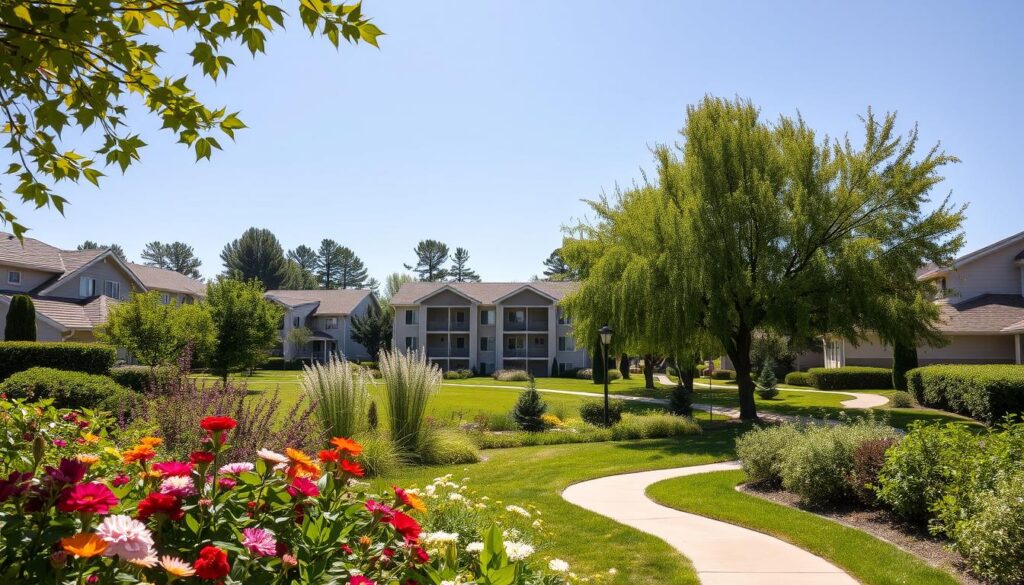 A sun-dappled suburban neighborhood, with a mix of single-family homes and low-rise apartment buildings nestled amidst verdant landscaping. In the foreground, a well-tended garden blooms with vibrant flowers, while a winding path invites exploration. The middle ground features a two-story apartment complex, its clean lines and large windows suggesting modern design and comfortable living. In the background, a row of mature trees sways gently, casting soft shadows on the scene. The overall atmosphere is one of tranquility, with a sense of balance between the private and communal spaces that define the rotina, or daily routine, of this residential environment. A sun-dappled suburban neighborhood, with a mix of single-family homes and low-rise apartment buildings nestled amidst verdant landscaping. In the foreground, a well-tended garden blooms with vibrant flowers, while a winding path invites exploration. The middle ground features a two-story apartment complex, its clean lines and large windows suggesting modern design and comfortable living. In the background, a row of mature trees sways gently, casting soft shadows on the scene. The overall atmosphere is one of tranquility, with a sense of balance between the private and communal spaces that define the rotina, or daily routine, of this residential environment.