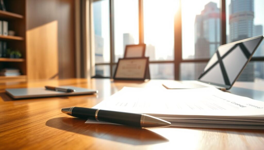 A sun-drenched office interior with a wooden desk, a laptop, and a stack of legal documents. In the foreground, a pen rests on the documents, symbolizing the bureaucratic process of property registration. The middle ground features a framed certificate or document, hinting at the legal paperwork involved. The background showcases a window overlooking a bustling city skyline, suggesting the broader context of urban real estate. The lighting is warm and inviting, creating a sense of professionalism and efficiency. The overall atmosphere conveys the diligence and attention to detail required in the property averbação (registration) process. A sun-drenched office interior with a wooden desk, a laptop, and a stack of legal documents. In the foreground, a pen rests on the documents, symbolizing the bureaucratic process of property registration. The middle ground features a framed certificate or document, hinting at the legal paperwork involved. The background showcases a window overlooking a bustling city skyline, suggesting the broader context of urban real estate. The lighting is warm and inviting, creating a sense of professionalism and efficiency. The overall atmosphere conveys the diligence and attention to detail required in the property averbação (registration) process.
