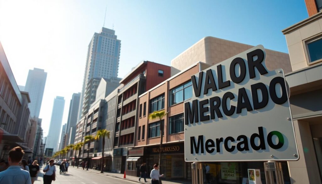 A sunlit commercial district, with bustling storefronts and pedestrians milling about. In the foreground, a prominent sign displays the text "Valor Mercado" in bold, eye-catching lettering. The middle ground features a mix of modern and traditional buildings, their facades reflecting the warm tones of the afternoon sun. In the background, towering skyscrapers and a hazy, cloudless sky create a sense of urban vibrancy. The overall scene conveys the energy and activity of a thriving real estate market, inviting the viewer to consider the differences between the "Valor Venal" and "Valor de Mercado" of the depicted properties. A sunlit commercial district, with bustling storefronts and pedestrians milling about. In the foreground, a prominent sign displays the text "Valor Mercado" in bold, eye-catching lettering. The middle ground features a mix of modern and traditional buildings, their facades reflecting the warm tones of the afternoon sun. In the background, towering skyscrapers and a hazy, cloudless sky create a sense of urban vibrancy. The overall scene conveys the energy and activity of a thriving real estate market, inviting the viewer to consider the differences between the "Valor Venal" and "Valor de Mercado" of the depicted properties.