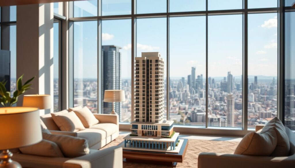A sunny, modern interior with large windows overlooking a scenic cityscape. In the foreground, a well-appointed living room with plush furniture and warm lighting. In the middle ground, a model of a residential high-rise with sleek, contemporary architecture. In the background, the vibrant skyline of a thriving metropolis, hinting at the potential growth and development opportunities of purchasing an off-plan property. The overall atmosphere conveys a sense of comfort, sophistication, and the promise of an elevated urban lifestyle. A sunny, modern interior with large windows overlooking a scenic cityscape. In the foreground, a well-appointed living room with plush furniture and warm lighting. In the middle ground, a model of a residential high-rise with sleek, contemporary architecture. In the background, the vibrant skyline of a thriving metropolis, hinting at the potential growth and development opportunities of purchasing an off-plan property. The overall atmosphere conveys a sense of comfort, sophistication, and the promise of an elevated urban lifestyle.
