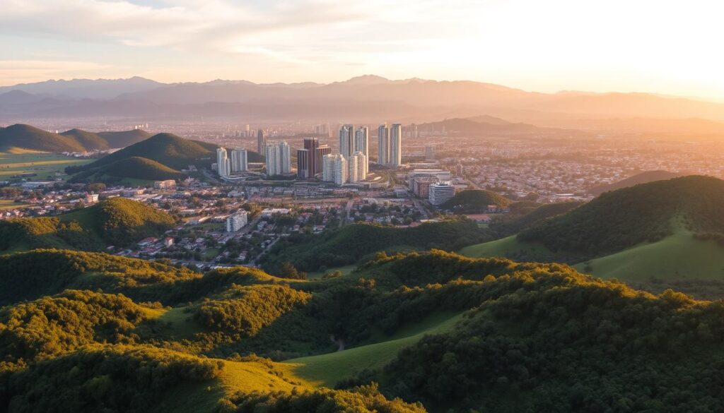 A sweeping panoramic view of the diverse landscapes of Paraná, Brazil, capturing the essence of its renowned quality of life. In the foreground, lush rolling hills dotted with verdant forests and idyllic small towns. The middle ground showcases the vibrant urban centers, with modern skyscrapers and bustling streets. In the background, the majestic silhouettes of mountain ranges create a dramatic backdrop, bathed in the warm glow of the setting sun. The scene exudes a sense of tranquility and prosperity, inviting the viewer to imagine the comfortable, cost-effective, and opportunity-rich living experience that Paraná's cities like Curitiba, Londrina, and Maringá have to offer. A sweeping panoramic view of the diverse landscapes of Paraná, Brazil, capturing the essence of its renowned quality of life. In the foreground, lush rolling hills dotted with verdant forests and idyllic small towns. The middle ground showcases the vibrant urban centers, with modern skyscrapers and bustling streets. In the background, the majestic silhouettes of mountain ranges create a dramatic backdrop, bathed in the warm glow of the setting sun. The scene exudes a sense of tranquility and prosperity, inviting the viewer to imagine the comfortable, cost-effective, and opportunity-rich living experience that Paraná's cities like Curitiba, Londrina, and Maringá have to offer.