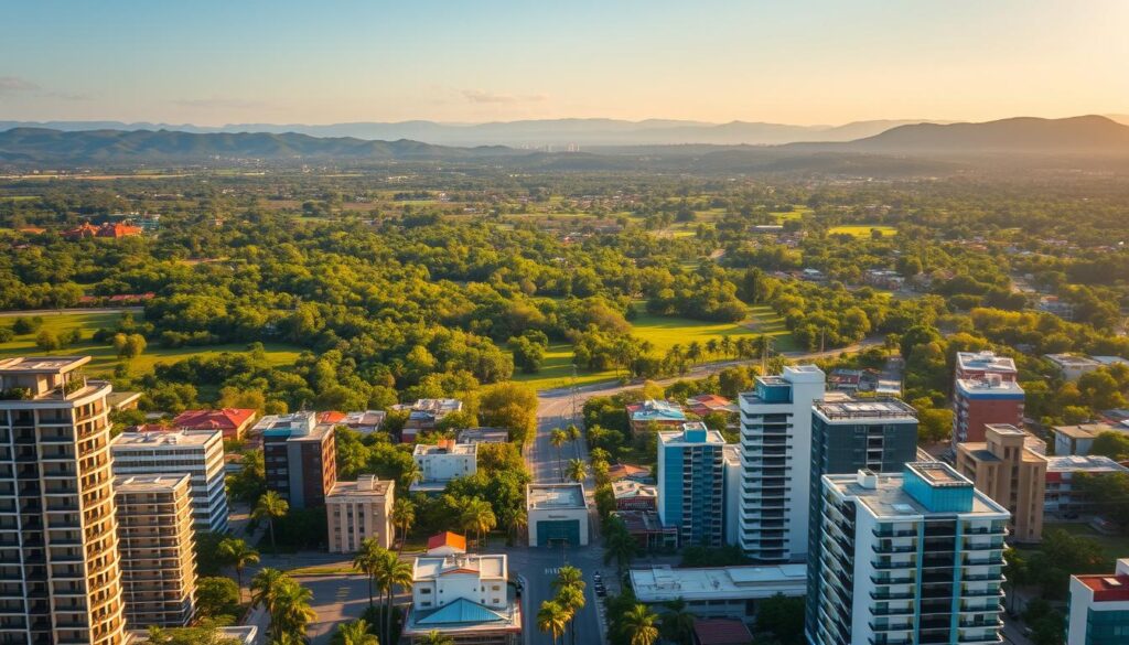 A sweeping panoramic view of the vibrant city of Maringá, captured in warm, golden afternoon light. In the foreground, modern high-rise buildings and bustling streets give way to a lush, verdant landscape in the middle distance, dotted with towering palm trees and swaying greenery. In the background, the rolling hills of the surrounding countryside stretch out, creating a serene and picturesque backdrop. The scene conveys a sense of growth, opportunity, and the harmonious coexistence of urban development and natural beauty that characterizes the current state of the real estate market in Maringá. A sweeping panoramic view of the vibrant city of Maringá, captured in warm, golden afternoon light. In the foreground, modern high-rise buildings and bustling streets give way to a lush, verdant landscape in the middle distance, dotted with towering palm trees and swaying greenery. In the background, the rolling hills of the surrounding countryside stretch out, creating a serene and picturesque backdrop. The scene conveys a sense of growth, opportunity, and the harmonious coexistence of urban development and natural beauty that characterizes the current state of the real estate market in Maringá.