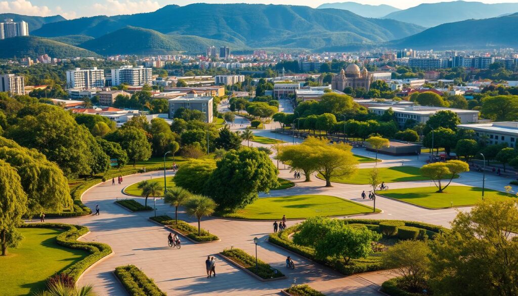 A tranquil urban landscape bathed in warm, golden light, showcasing the vibrant green spaces, well-maintained parks, and modern, eco-friendly architecture of the city of Maringá. The foreground features lush, meticulously manicured gardens, with people strolling leisurely and enjoying the serene ambiance. The middle ground reveals wide, tree-lined boulevards and pedestrian-friendly plazas, with bicyclists and joggers contributing to the active, healthy lifestyle of the community. In the background, a skyline of low-rise, harmonious buildings blends seamlessly with the surrounding verdant hills, creating a harmonious, livable environment that embodies the concept of "qualidade vida" - a high quality of life. A tranquil urban landscape bathed in warm, golden light, showcasing the vibrant green spaces, well-maintained parks, and modern, eco-friendly architecture of the city of Maringá. The foreground features lush, meticulously manicured gardens, with people strolling leisurely and enjoying the serene ambiance. The middle ground reveals wide, tree-lined boulevards and pedestrian-friendly plazas, with bicyclists and joggers contributing to the active, healthy lifestyle of the community. In the background, a skyline of low-rise, harmonious buildings blends seamlessly with the surrounding verdant hills, creating a harmonious, livable environment that embodies the concept of "qualidade vida" - a high quality of life.