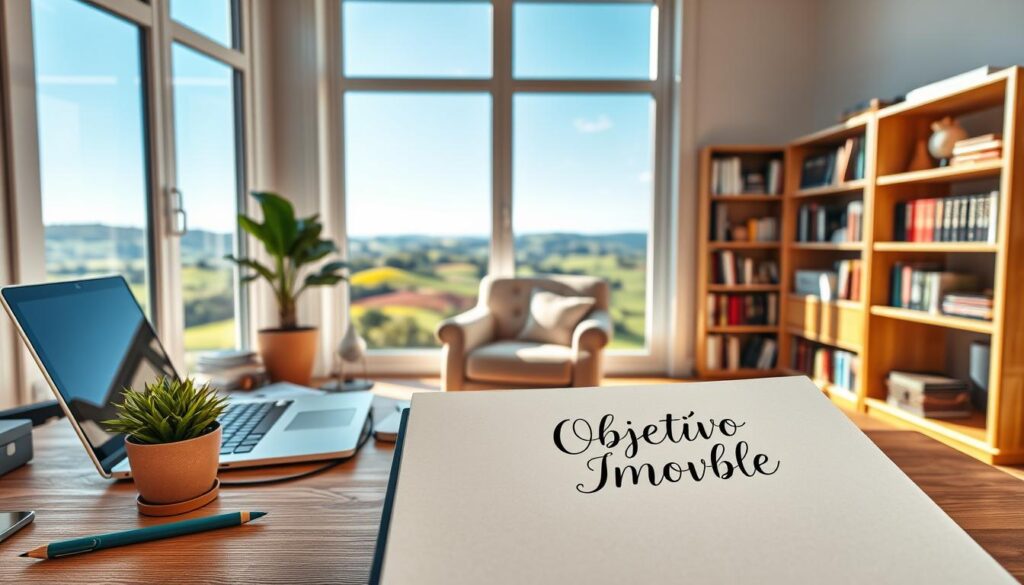 A tranquil, well-lit room with a large window overlooking a serene landscape. In the foreground, a neatly organized desk with a laptop, some stationery, and a potted plant. On the desk, a notebook is open, with the words "Objetivo Imóvel" written in elegant calligraphy. The middle ground features a comfortable armchair and a bookshelf filled with inspiring literature. The background showcases a picturesque view of rolling hills and a clear blue sky, creating a sense of focus and clarity. The overall atmosphere is one of contemplation, determination, and the pursuit of a meaningful financial goal. A tranquil, well-lit room with a large window overlooking a serene landscape. In the foreground, a neatly organized desk with a laptop, some stationery, and a potted plant. On the desk, a notebook is open, with the words "Objetivo Imóvel" written in elegant calligraphy. The middle ground features a comfortable armchair and a bookshelf filled with inspiring literature. The background showcases a picturesque view of rolling hills and a clear blue sky, creating a sense of focus and clarity. The overall atmosphere is one of contemplation, determination, and the pursuit of a meaningful financial goal.