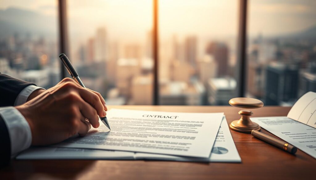 A vast, expansive landscape of financial contracts and legal documents, with a central focus on the essential concept of "alienação fiduciária". In the foreground, a hand carefully signs a legal document, symbolizing the participation of the involved parties. The middle ground features a detailed illustration of the contractual elements, displayed in a clean, technical style. In the background, a blurred cityscape or corporate office setting, hinting at the broader financial and legal context. The lighting is soft and warm, creating a sense of professionalism and authority. The overall tone is one of precision, clarity, and the importance of understanding this critical financial mechanism. A vast, expansive landscape of financial contracts and legal documents, with a central focus on the essential concept of "alienação fiduciária". In the foreground, a hand carefully signs a legal document, symbolizing the participation of the involved parties. The middle ground features a detailed illustration of the contractual elements, displayed in a clean, technical style. In the background, a blurred cityscape or corporate office setting, hinting at the broader financial and legal context. The lighting is soft and warm, creating a sense of professionalism and authority. The overall tone is one of precision, clarity, and the importance of understanding this critical financial mechanism.