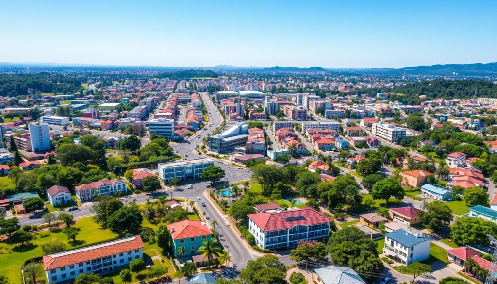 A vibrant aerial view of Maringá's neighborhoods, showcasing their diverse architectural styles and lush green spaces. The foreground features well-planned residential areas with a mix of modern and traditional buildings, each surrounded by neatly manicured lawns and mature trees. The middle ground reveals the city's bustling commercial districts, with colorful storefronts and pedestrian-friendly avenues. In the background, the cityscape is framed by rolling hills and a clear, blue sky, suggesting the perfect balance of urban convenience and natural beauty. The scene exudes a sense of order, livability, and community, capturing the essence of Maringá's most desirable neighborhoods. A vibrant aerial view of Maringá's neighborhoods, showcasing their diverse architectural styles and lush green spaces. The foreground features well-planned residential areas with a mix of modern and traditional buildings, each surrounded by neatly manicured lawns and mature trees. The middle ground reveals the city's bustling commercial districts, with colorful storefronts and pedestrian-friendly avenues. In the background, the cityscape is framed by rolling hills and a clear, blue sky, suggesting the perfect balance of urban convenience and natural beauty. The scene exudes a sense of order, livability, and community, capturing the essence of Maringá's most desirable neighborhoods.