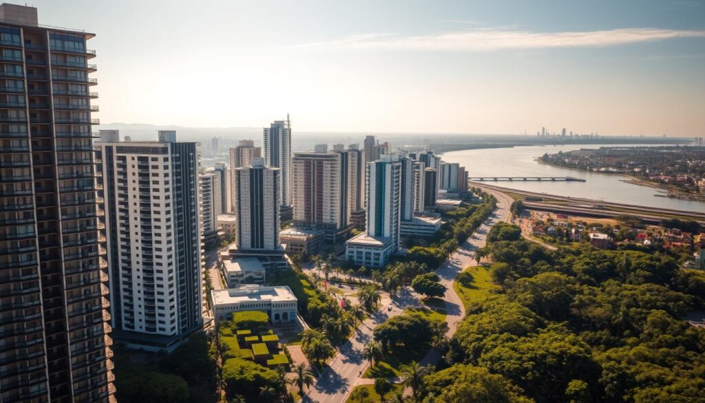 A vibrant aerial view of the bustling Maringá real estate market. In the foreground, sleek high-rise apartment buildings and modern commercial centers stand tall, reflecting the city's dynamic growth. The midground showcases lush green parks and tree-lined avenues, creating a harmonious balance between urban development and natural landscapes. In the background, the distinct outline of the Paraná River meanders, suggesting the river's role in shaping the city's expansion. The scene is bathed in warm, golden sunlight, evoking a sense of prosperity and optimism that permeates Maringá's thriving real estate sector. A vibrant aerial view of the bustling Maringá real estate market. In the foreground, sleek high-rise apartment buildings and modern commercial centers stand tall, reflecting the city's dynamic growth. The midground showcases lush green parks and tree-lined avenues, creating a harmonious balance between urban development and natural landscapes. In the background, the distinct outline of the Paraná River meanders, suggesting the river's role in shaping the city's expansion. The scene is bathed in warm, golden sunlight, evoking a sense of prosperity and optimism that permeates Maringá's thriving real estate sector.