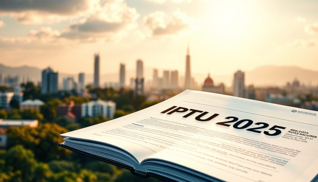 A vibrant and detailed illustration of the "IPTU 2025" document, showcasing the city skyline of Maringá in the background with its iconic landmarks. The document is prominently displayed in the foreground, its pages crisp and well-defined, with a warm, natural lighting casting subtle shadows across its surface. The composition is balanced, drawing the viewer's attention to the key details of the document, while the cityscape provides a contextual backdrop, reinforcing the connection to the local area. The overall mood is one of professionalism and civic pride, inviting the viewer to engage with the important information contained within. A vibrant and detailed illustration of the "IPTU 2025" document, showcasing the city skyline of Maringá in the background with its iconic landmarks. The document is prominently displayed in the foreground, its pages crisp and well-defined, with a warm, natural lighting casting subtle shadows across its surface. The composition is balanced, drawing the viewer's attention to the key details of the document, while the cityscape provides a contextual backdrop, reinforcing the connection to the local area. The overall mood is one of professionalism and civic pride, inviting the viewer to engage with the important information contained within.