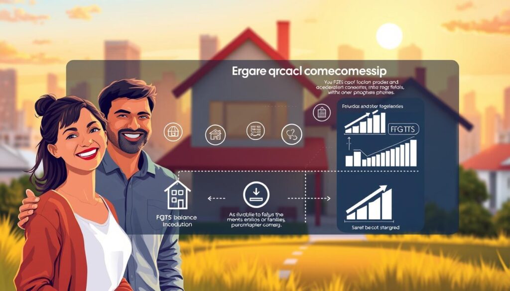 A vibrant and dynamic illustration showcasing the process of using FGTS (Fundo de Garantia do Tempo de Serviço) to purchase a home. In the foreground, a smiling family stands in front of a newly acquired property, their faces filled with joy and a sense of accomplishment. In the middle ground, a detailed visual representation of the FGTS balance and withdrawal procedures, with floating icons and graphs representing the key steps. The background features a city skyline, with a warm, golden-hour lighting that creates a sense of optimism and prosperity. The overall composition conveys the idea of FGTS as a valuable tool that accelerates the path to homeownership, empowering individuals and families to realize their dreams of owning a property. A vibrant and dynamic illustration showcasing the process of using FGTS (Fundo de Garantia do Tempo de Serviço) to purchase a home. In the foreground, a smiling family stands in front of a newly acquired property, their faces filled with joy and a sense of accomplishment. In the middle ground, a detailed visual representation of the FGTS balance and withdrawal procedures, with floating icons and graphs representing the key steps. The background features a city skyline, with a warm, golden-hour lighting that creates a sense of optimism and prosperity. The overall composition conveys the idea of FGTS as a valuable tool that accelerates the path to homeownership, empowering individuals and families to realize their dreams of owning a property.