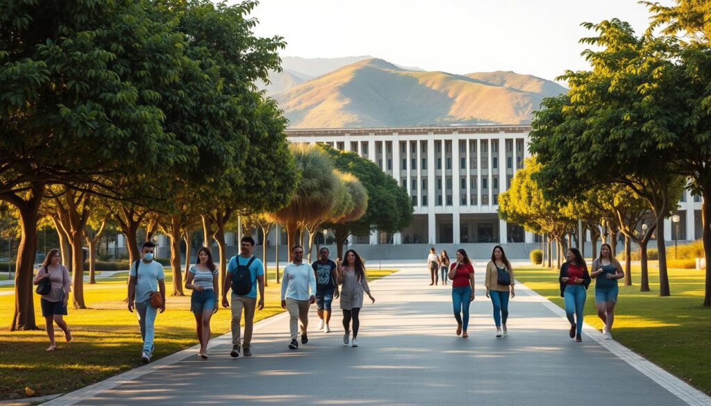 A vibrant and inviting campus scene set in the heart of Maringá, Brazil. In the foreground, a group of diverse students stroll along a tree-lined path, engaged in lively conversation. The middle ground showcases the striking architectural design of a prominent university building, its modern facade and intricate details bathed in warm afternoon sunlight. In the background, lush greenery and gently rolling hills create a serene, natural backdrop, hinting at the city's verdant urban landscape. The overall mood is one of academic vitality, intellectual curiosity, and a sense of community, reflecting the dynamic nature of Maringá's renowned universities. A vibrant and inviting campus scene set in the heart of Maringá, Brazil. In the foreground, a group of diverse students stroll along a tree-lined path, engaged in lively conversation. The middle ground showcases the striking architectural design of a prominent university building, its modern facade and intricate details bathed in warm afternoon sunlight. In the background, lush greenery and gently rolling hills create a serene, natural backdrop, hinting at the city's verdant urban landscape. The overall mood is one of academic vitality, intellectual curiosity, and a sense of community, reflecting the dynamic nature of Maringá's renowned universities.