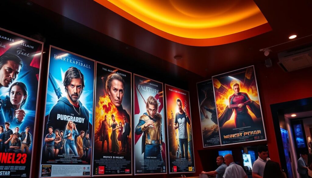 A vibrant and visually striking movie poster display in a lively Maringá cinema lobby. The main feature posters are prominently showcased, their colorful artwork and captivating character portraits drawing the eye. Subtle lighting from overhead fixtures casts a warm, cinematic glow, highlighting the texture and details of the paper surfaces. The arrangement of the posters creates a sense of depth and layering, with some slightly overlapping or tilted at angles for visual interest. The overall scene evokes the anticipation and excitement of a bustling movie-going experience, perfectly capturing the essence of "Programação em cartaz hoje em Maringá". A vibrant and visually striking movie poster display in a lively Maringá cinema lobby. The main feature posters are prominently showcased, their colorful artwork and captivating character portraits drawing the eye. Subtle lighting from overhead fixtures casts a warm, cinematic glow, highlighting the texture and details of the paper surfaces. The arrangement of the posters creates a sense of depth and layering, with some slightly overlapping or tilted at angles for visual interest. The overall scene evokes the anticipation and excitement of a bustling movie-going experience, perfectly capturing the essence of "Programação em cartaz hoje em Maringá".