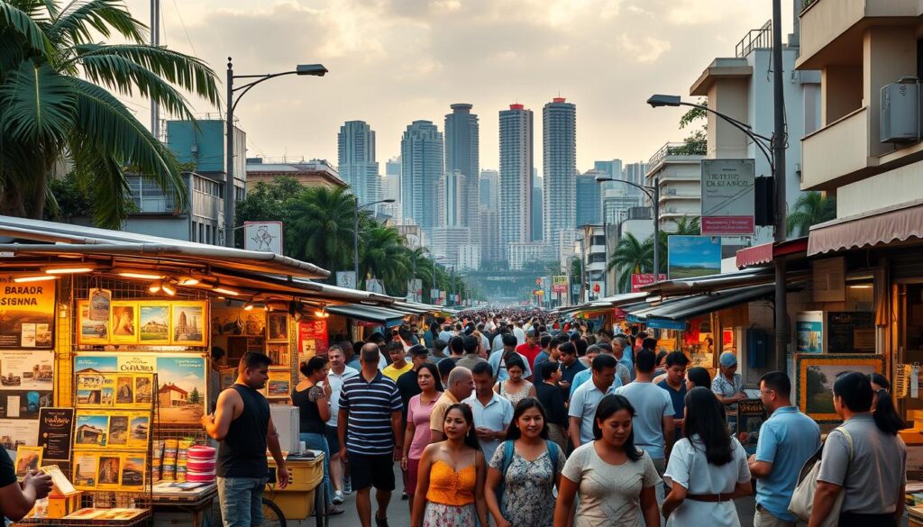 A vibrant, bustling street scene in a Brazilian urban marketplace, the "mercado imobiliário". In the foreground, a diverse array of stalls and vendor carts offer an array of real estate services, with potential buyers and sellers engaged in animated discussions. The middle ground is filled with a crowd of people navigating the lively atmosphere, their expressions reflecting the significance of their property-related decisions. In the background, a towering skyline of modern high-rise buildings symbolizes the growth and development of the Brazilian real estate landscape. Warm, golden lighting illuminates the scene, conveying a sense of optimism and prosperity surrounding the property market. The overall composition captures the dynamic, multifaceted nature of the Brazilian real estate context. A vibrant, bustling street scene in a Brazilian urban marketplace, the "mercado imobiliário". In the foreground, a diverse array of stalls and vendor carts offer an array of real estate services, with potential buyers and sellers engaged in animated discussions. The middle ground is filled with a crowd of people navigating the lively atmosphere, their expressions reflecting the significance of their property-related decisions. In the background, a towering skyline of modern high-rise buildings symbolizes the growth and development of the Brazilian real estate landscape. Warm, golden lighting illuminates the scene, conveying a sense of optimism and prosperity surrounding the property market. The overall composition captures the dynamic, multifaceted nature of the Brazilian real estate context.