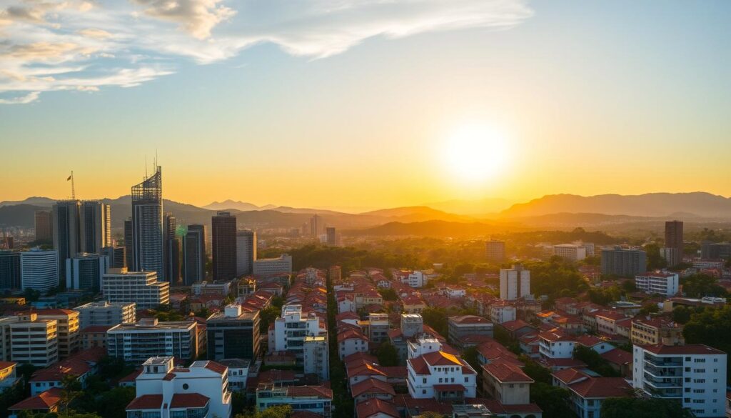 A vibrant city skyline of Maringá, a bustling metropolis in southern Brazil. In the foreground, modern high-rises and skyscrapers gleam under the warm, golden light of the setting sun. In the middle ground, a sprawling cityscape with a mix of residential and commercial buildings, their terracotta roofs creating a harmonious visual rhythm. In the background, lush green hills and forests, hinting at the city's integration with the surrounding natural landscape. The scene conveys a sense of growth, prosperity, and a deep-rooted history, reflecting the age and evolution of this thriving Brazilian city. A vibrant city skyline of Maringá, a bustling metropolis in southern Brazil. In the foreground, modern high-rises and skyscrapers gleam under the warm, golden light of the setting sun. In the middle ground, a sprawling cityscape with a mix of residential and commercial buildings, their terracotta roofs creating a harmonious visual rhythm. In the background, lush green hills and forests, hinting at the city's integration with the surrounding natural landscape. The scene conveys a sense of growth, prosperity, and a deep-rooted history, reflecting the age and evolution of this thriving Brazilian city.