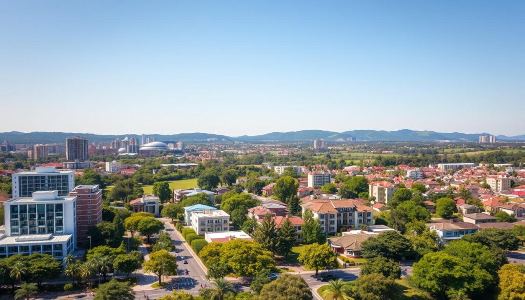A vibrant city skyline with lush green parks and residential neighborhoods stretching out in the distance. In the foreground, a bustling commercial district with modern high-rise buildings, tree-lined streets, and people enjoying the vibrant urban atmosphere. The middle ground features well-maintained homes, apartments, and community amenities like schools and local shops, all set against a backdrop of rolling hills and a clear blue sky. Warm, natural lighting illuminates the scene, creating a sense of comfort and livability. The overall composition conveys the appeal of Maringá's best neighborhoods - a harmonious blend of urban convenience, green spaces, and residential charm. A vibrant city skyline with lush green parks and residential neighborhoods stretching out in the distance. In the foreground, a bustling commercial district with modern high-rise buildings, tree-lined streets, and people enjoying the vibrant urban atmosphere. The middle ground features well-maintained homes, apartments, and community amenities like schools and local shops, all set against a backdrop of rolling hills and a clear blue sky. Warm, natural lighting illuminates the scene, creating a sense of comfort and livability. The overall composition conveys the appeal of Maringá's best neighborhoods - a harmonious blend of urban convenience, green spaces, and residential charm.