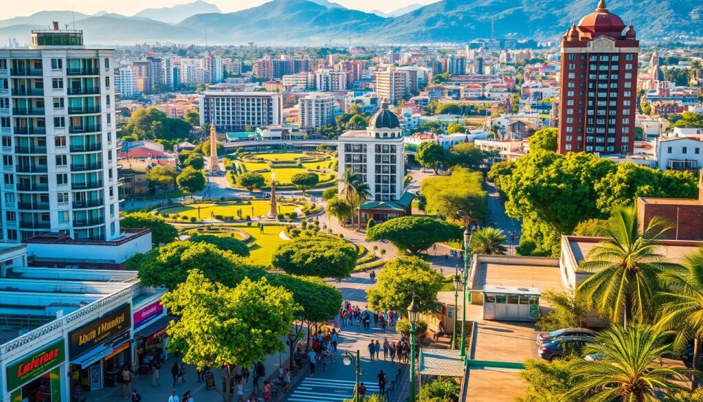 A vibrant cityscape bathed in warm, golden light. In the foreground, a bustling pedestrian street lined with thriving local businesses, bustling with activity and energy. In the middle ground, modern high-rises and lush, well-manicured public parks and gardens, showcasing Maringá's commitment to urban greenery and quality of life. In the background, a panoramic view of the city, with its winding streets, diverse architecture, and a sense of harmony between the built environment and the natural world. The scene conveys a palpable feeling of a livable, sustainable, and prosperous city, where work, leisure, and community coexist in perfect balance. A vibrant cityscape bathed in warm, golden light. In the foreground, a bustling pedestrian street lined with thriving local businesses, bustling with activity and energy. In the middle ground, modern high-rises and lush, well-manicured public parks and gardens, showcasing Maringá's commitment to urban greenery and quality of life. In the background, a panoramic view of the city, with its winding streets, diverse architecture, and a sense of harmony between the built environment and the natural world. The scene conveys a palpable feeling of a livable, sustainable, and prosperous city, where work, leisure, and community coexist in perfect balance.