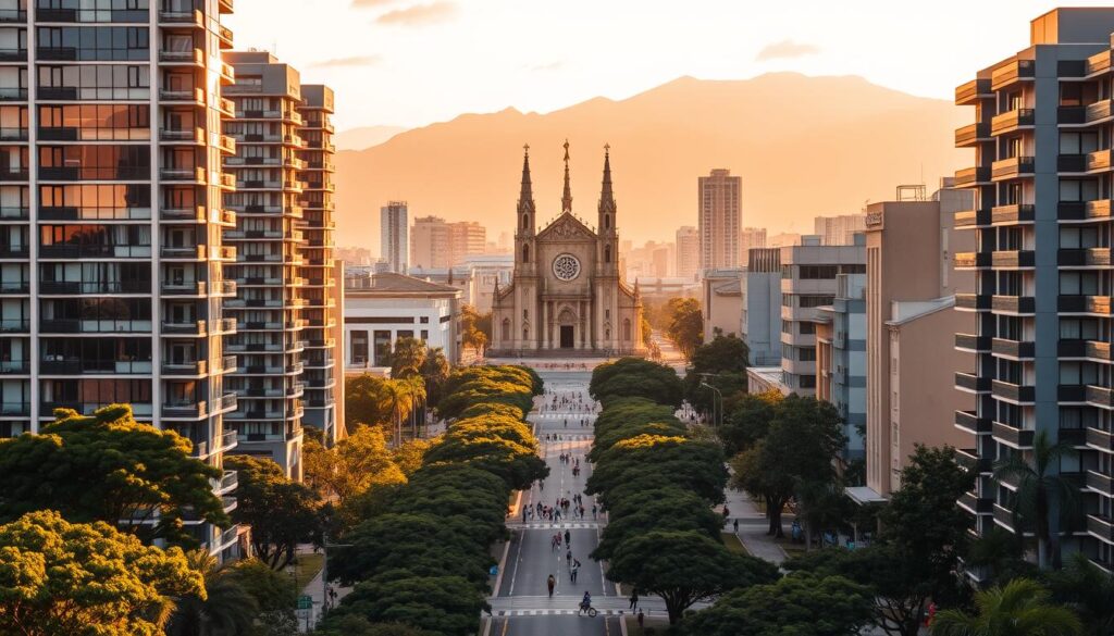 A vibrant cityscape of Maringá, Brazil, showcasing its thriving real estate landscape. In the foreground, modern high-rise apartment buildings stand tall, their sleek glass facades reflecting the warm sunlight. The middle ground features tree-lined boulevards and bustling streets, with people going about their daily lives. In the background, the iconic Maringá Cathedral dominates the skyline, its neo-Gothic architecture a testament to the city's rich cultural heritage. The scene is bathed in a soft, golden glow, creating a sense of tranquility and prosperity. The image conveys the allure of Maringá as an attractive destination for potential homebuyers and renters, with its blend of urban development and natural beauty. A vibrant cityscape of Maringá, Brazil, showcasing its thriving real estate landscape. In the foreground, modern high-rise apartment buildings stand tall, their sleek glass facades reflecting the warm sunlight. The middle ground features tree-lined boulevards and bustling streets, with people going about their daily lives. In the background, the iconic Maringá Cathedral dominates the skyline, its neo-Gothic architecture a testament to the city's rich cultural heritage. The scene is bathed in a soft, golden glow, creating a sense of tranquility and prosperity. The image conveys the allure of Maringá as an attractive destination for potential homebuyers and renters, with its blend of urban development and natural beauty.