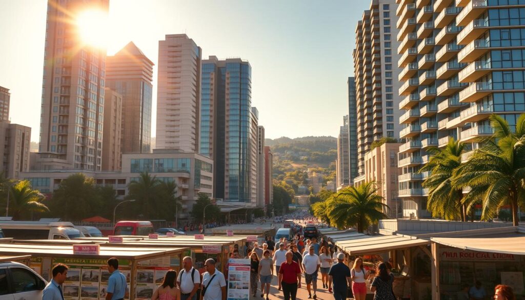 A vibrant cityscape of Maringá's bustling real estate market in 2023, captured under a warm, golden afternoon sunlight. Towering high-rise buildings and modern apartment complexes line the streets, their reflective glass facades gleaming. In the foreground, people hurry through a bustling open-air market, browsing stalls of real estate listings and negotiating deals. The middle ground features a mix of residential and commercial properties, showcasing the diverse housing options available. In the distance, the lush, verdant greenery of Maringá's iconic parks and gardens provide a serene backdrop, hinting at the city's enviable quality of life. An atmospheric scene that encapsulates the dynamic and thriving real estate landscape of Maringá. A vibrant cityscape of Maringá's bustling real estate market in 2023, captured under a warm, golden afternoon sunlight. Towering high-rise buildings and modern apartment complexes line the streets, their reflective glass facades gleaming. In the foreground, people hurry through a bustling open-air market, browsing stalls of real estate listings and negotiating deals. The middle ground features a mix of residential and commercial properties, showcasing the diverse housing options available. In the distance, the lush, verdant greenery of Maringá's iconic parks and gardens provide a serene backdrop, hinting at the city's enviable quality of life. An atmospheric scene that encapsulates the dynamic and thriving real estate landscape of Maringá.