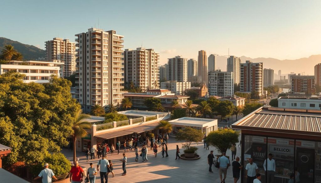 A vibrant cityscape of Maringá's thriving real estate market, showcasing a bustling commercial district with modern high-rise buildings, lush greenery, and a bustling marketplace. The scene is bathed in warm, golden sunlight, casting long shadows and highlighting the intricate architectural details. In the foreground, people can be seen going about their daily lives, browsing real estate listings or negotiating deals, reflecting the energy and importance of the local housing market. The middle ground features a mix of residential and commercial properties, conveying the diverse housing options available in the city. In the background, the skyline is dotted with towering condominium complexes and office buildings, symbolizing the growth and development of Maringá's real estate landscape. A vibrant cityscape of Maringá's thriving real estate market, showcasing a bustling commercial district with modern high-rise buildings, lush greenery, and a bustling marketplace. The scene is bathed in warm, golden sunlight, casting long shadows and highlighting the intricate architectural details. In the foreground, people can be seen going about their daily lives, browsing real estate listings or negotiating deals, reflecting the energy and importance of the local housing market. The middle ground features a mix of residential and commercial properties, conveying the diverse housing options available in the city. In the background, the skyline is dotted with towering condominium complexes and office buildings, symbolizing the growth and development of Maringá's real estate landscape.