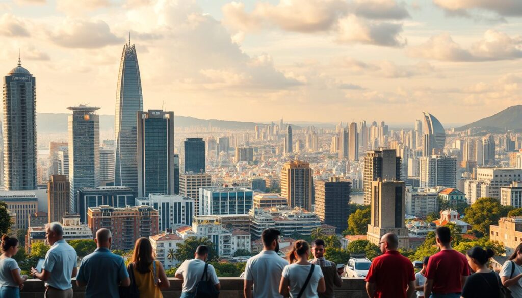 A vibrant cityscape showcasing the dynamic Brazilian real estate market. In the foreground, a bustling urban scene with people browsing property listings, negotiating deals, and discussing investment opportunities. Towering skyscrapers and modern high-rise buildings dominate the middle ground, reflecting the rapid development and growth of the housing sector. In the background, a panoramic view of the city skyline, with a mix of historic architecture and cutting-edge residential and commercial structures, symbolizing the blend of tradition and innovation shaping the landscape. Warm, golden lighting casts a welcoming glow, evoking a sense of optimism and prosperity in the real estate industry. A vibrant cityscape showcasing the dynamic Brazilian real estate market. In the foreground, a bustling urban scene with people browsing property listings, negotiating deals, and discussing investment opportunities. Towering skyscrapers and modern high-rise buildings dominate the middle ground, reflecting the rapid development and growth of the housing sector. In the background, a panoramic view of the city skyline, with a mix of historic architecture and cutting-edge residential and commercial structures, symbolizing the blend of tradition and innovation shaping the landscape. Warm, golden lighting casts a welcoming glow, evoking a sense of optimism and prosperity in the real estate industry.