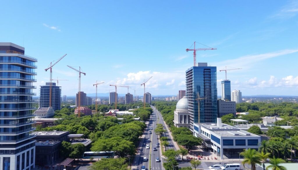 A vibrant cityscape showcasing the thriving real estate market of Maringá in 2023. In the foreground, modern high-rise condominiums and commercial buildings with sleek glass facades and clean architectural lines. Cranes dot the skyline, signaling ongoing development and construction. The middle ground features a bustling street scene, with people walking along the sidewalks, cars and buses navigating the roads. In the background, lush green trees and a cloudless blue sky create a picturesque setting. The overall atmosphere radiates a sense of growth, prosperity, and a thriving urban environment primed for both residential and commercial real estate opportunities. A vibrant cityscape showcasing the thriving real estate market of Maringá in 2023. In the foreground, modern high-rise condominiums and commercial buildings with sleek glass facades and clean architectural lines. Cranes dot the skyline, signaling ongoing development and construction. The middle ground features a bustling street scene, with people walking along the sidewalks, cars and buses navigating the roads. In the background, lush green trees and a cloudless blue sky create a picturesque setting. The overall atmosphere radiates a sense of growth, prosperity, and a thriving urban environment primed for both residential and commercial real estate opportunities.