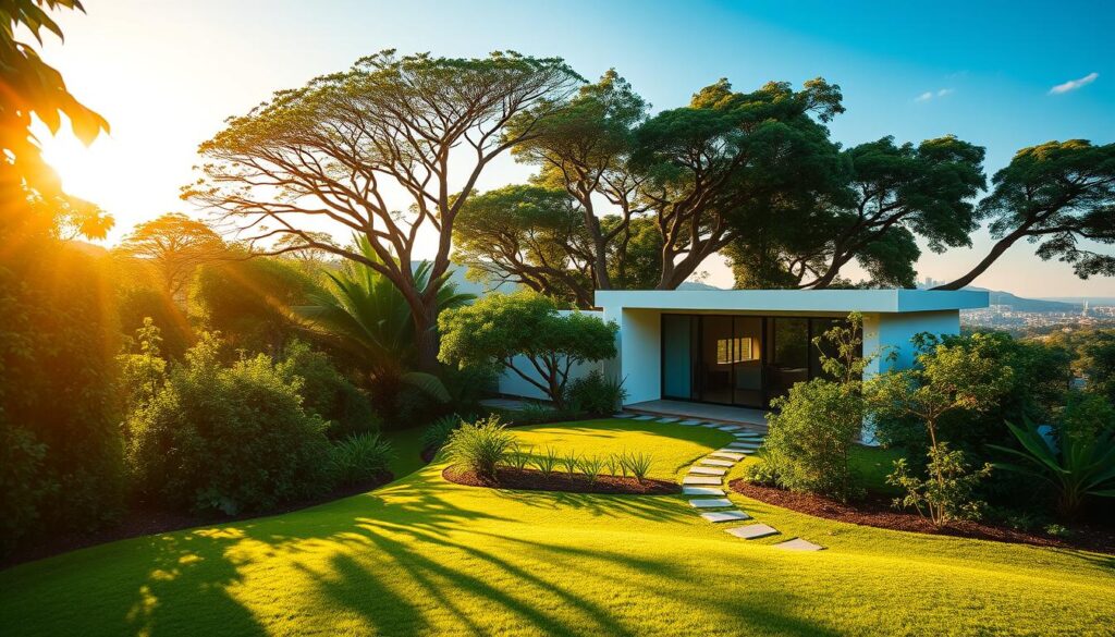 A vibrant, contemporary house nestled among lush, verdant foliage in the charming city of Maringá. A warm, golden sun casts a gentle glow over the scene, illuminating the clean, minimalist architectural design with its sleek lines and large windows that seamlessly blend indoor and outdoor living. In the foreground, a well-manicured lawn and a path leading to the front door, inviting visitors to explore the property. The middle ground features a mature, diverse array of native trees and shrubs, creating a serene, natural backdrop. In the distance, the skyline of Maringá's bustling city center, a testament to the harmony between modern development and the preservation of the area's natural beauty. A vibrant, contemporary house nestled among lush, verdant foliage in the charming city of Maringá. A warm, golden sun casts a gentle glow over the scene, illuminating the clean, minimalist architectural design with its sleek lines and large windows that seamlessly blend indoor and outdoor living. In the foreground, a well-manicured lawn and a path leading to the front door, inviting visitors to explore the property. The middle ground features a mature, diverse array of native trees and shrubs, creating a serene, natural backdrop. In the distance, the skyline of Maringá's bustling city center, a testament to the harmony between modern development and the preservation of the area's natural beauty.
