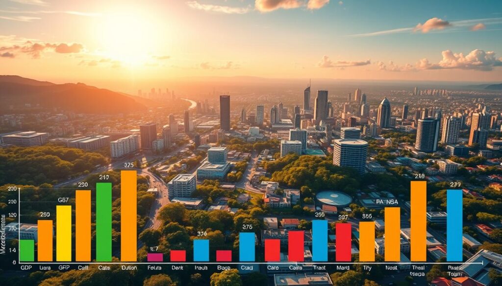A vibrant, data-driven cityscape depicting the compelling "indicadores" (indicators) that make Maringá, Brazil the best city in the country. In the foreground, a dynamic bar chart showcases key metrics like GDP, education, healthcare, and infrastructure, rendered in a clean, modern style. The middle ground features a detailed map of Maringá, its neighborhoods and landmarks rendered with precision. In the background, a sweeping panoramic view captures the city's lush green spaces, bustling commercial districts, and innovative architecture, all bathed in warm, golden sunlight. The overall atmosphere conveys a sense of progress, prosperity, and the data-driven excellence that elevates Maringá above its peers. A vibrant, data-driven cityscape depicting the compelling "indicadores" (indicators) that make Maringá, Brazil the best city in the country. In the foreground, a dynamic bar chart showcases key metrics like GDP, education, healthcare, and infrastructure, rendered in a clean, modern style. The middle ground features a detailed map of Maringá, its neighborhoods and landmarks rendered with precision. In the background, a sweeping panoramic view captures the city's lush green spaces, bustling commercial districts, and innovative architecture, all bathed in warm, golden sunlight. The overall atmosphere conveys a sense of progress, prosperity, and the data-driven excellence that elevates Maringá above its peers.