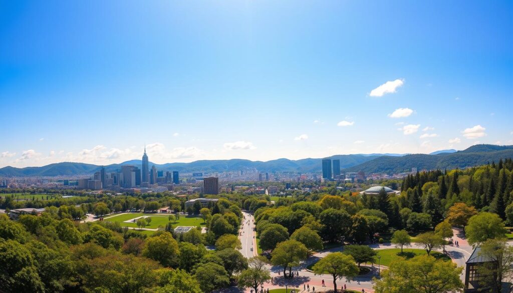 A vibrant, lush city skyline set against a backdrop of verdant hills and a cloudless azure sky. In the foreground, a panoramic view showcases towering skyscrapers and modern architecture interspersed with verdant parks and tree-lined streets. The midground features bustling pedestrian walkways, cyclists, and public plazas, all bathed in warm, golden sunlight filtering through the canopy of mature trees. In the background, rolling hills and serene forests create a harmonious blend of urban sophistication and natural harmony. The overall atmosphere evokes a sense of environmental sustainability, high quality of life, and a diverse range of recreational and cultural attractions. A vibrant, lush city skyline set against a backdrop of verdant hills and a cloudless azure sky. In the foreground, a panoramic view showcases towering skyscrapers and modern architecture interspersed with verdant parks and tree-lined streets. The midground features bustling pedestrian walkways, cyclists, and public plazas, all bathed in warm, golden sunlight filtering through the canopy of mature trees. In the background, rolling hills and serene forests create a harmonious blend of urban sophistication and natural harmony. The overall atmosphere evokes a sense of environmental sustainability, high quality of life, and a diverse range of recreational and cultural attractions.