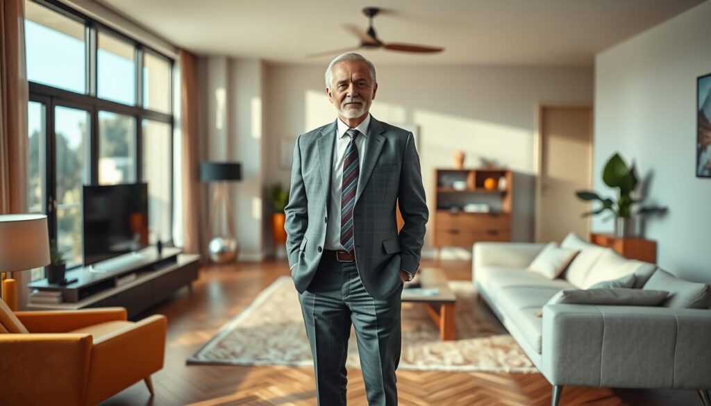 A vibrant, modern apartment interior with a well-dressed middle-aged man standing in the center, serving as a guarantor for a rental agreement. The apartment features sleek, minimalist furniture, large windows allowing natural light to flood the space, and warm, earthy tones throughout. The man, dressed in a crisp suit, stands confidently, conveying the importance of his role as a guarantor in the Brazilian real estate market. The background blurs slightly, keeping the focus on the man and the apartment, which serves as a visual representation of the "role of the guarantor in the Brazilian real estate market." A vibrant, modern apartment interior with a well-dressed middle-aged man standing in the center, serving as a guarantor for a rental agreement. The apartment features sleek, minimalist furniture, large windows allowing natural light to flood the space, and warm, earthy tones throughout. The man, dressed in a crisp suit, stands confidently, conveying the importance of his role as a guarantor in the Brazilian real estate market. The background blurs slightly, keeping the focus on the man and the apartment, which serves as a visual representation of the "role of the guarantor in the Brazilian real estate market."