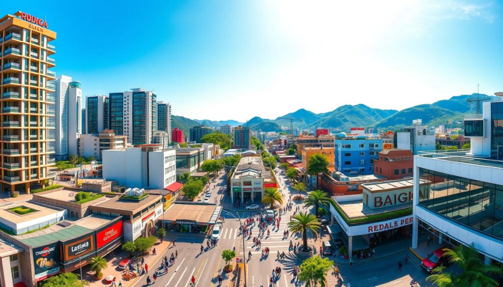 A vibrant panoramic view of Maringá's bustling cityscape, capturing the essence of its cost of living. In the foreground, modern high-rise buildings and sleek residential complexes stand tall, representing the city's prosperous development. The middle ground showcases a lively commercial district, bustling with people navigating the streets lined with diverse shops, restaurants, and local businesses. In the background, verdant hills and a clear blue sky create a serene, natural backdrop, offering a contrast to the urban landscape. The scene is bathed in warm, golden sunlight, casting a welcoming glow over the entire panorama. The overall composition conveys a sense of balance between Maringá's thriving economy, vibrant community, and picturesque natural surroundings, providing a comprehensive visual representation of the city's cost of living. A vibrant panoramic view of Maringá's bustling cityscape, capturing the essence of its cost of living. In the foreground, modern high-rise buildings and sleek residential complexes stand tall, representing the city's prosperous development. The middle ground showcases a lively commercial district, bustling with people navigating the streets lined with diverse shops, restaurants, and local businesses. In the background, verdant hills and a clear blue sky create a serene, natural backdrop, offering a contrast to the urban landscape. The scene is bathed in warm, golden sunlight, casting a welcoming glow over the entire panorama. The overall composition conveys a sense of balance between Maringá's thriving economy, vibrant community, and picturesque natural surroundings, providing a comprehensive visual representation of the city's cost of living.