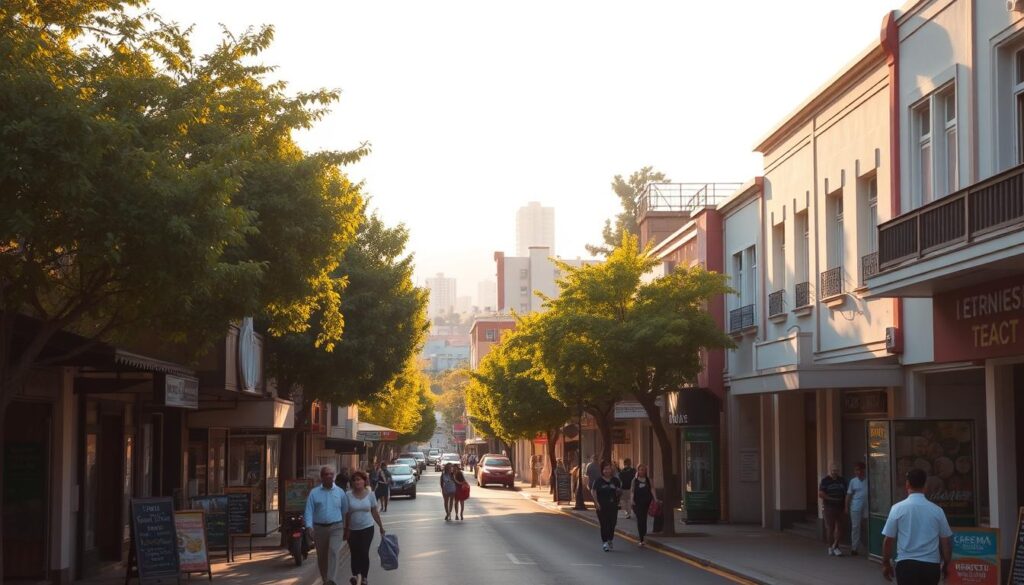 A vibrant street scene in Venda Zona 07, Maringá, with a mix of commercial and residential buildings lining the sidewalks. Warm sunlight filters through the trees, casting a golden glow over the neighborhood. In the foreground, people stroll along the bustling street, passing by local shops and cafes. The middle ground features a mix of two-story buildings, some with colorful facades, others with traditional architectural details. In the background, the skyline is punctuated by the occasional high-rise, hinting at the growth and development of the local real estate market. The overall atmosphere conveys a sense of community and active urban life, reflecting the character of this thriving Maringá neighborhood. A vibrant street scene in Venda Zona 07, Maringá, with a mix of commercial and residential buildings lining the sidewalks. Warm sunlight filters through the trees, casting a golden glow over the neighborhood. In the foreground, people stroll along the bustling street, passing by local shops and cafes. The middle ground features a mix of two-story buildings, some with colorful facades, others with traditional architectural details. In the background, the skyline is punctuated by the occasional high-rise, hinting at the growth and development of the local real estate market. The overall atmosphere conveys a sense of community and active urban life, reflecting the character of this thriving Maringá neighborhood.