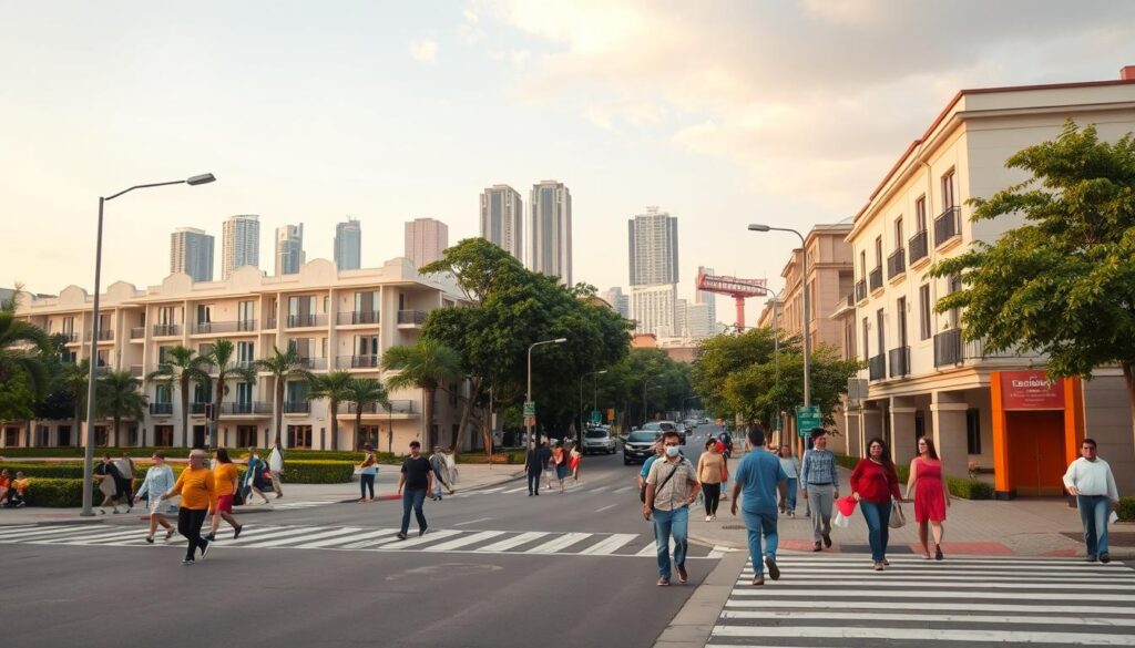 A vibrant urban landscape, with well-paved sidewalks and clearly marked crosswalks, creating a sense of easy accessibility. In the foreground, pedestrians of diverse ages and backgrounds stroll comfortably, conveying a feeling of safety and convenience. The middle ground features well-maintained residential buildings, their clean facades and inviting entryways hinting at a well-designed, livable neighborhood. In the background, a few towering skyscrapers and lush greenery suggest a harmonious blend of urban development and nature. Warm, diffused lighting casts a welcoming glow, while the overall composition evokes a sense of effortless, hassle-free living in Maringá. A vibrant urban landscape, with well-paved sidewalks and clearly marked crosswalks, creating a sense of easy accessibility. In the foreground, pedestrians of diverse ages and backgrounds stroll comfortably, conveying a feeling of safety and convenience. The middle ground features well-maintained residential buildings, their clean facades and inviting entryways hinting at a well-designed, livable neighborhood. In the background, a few towering skyscrapers and lush greenery suggest a harmonious blend of urban development and nature. Warm, diffused lighting casts a welcoming glow, while the overall composition evokes a sense of effortless, hassle-free living in Maringá.