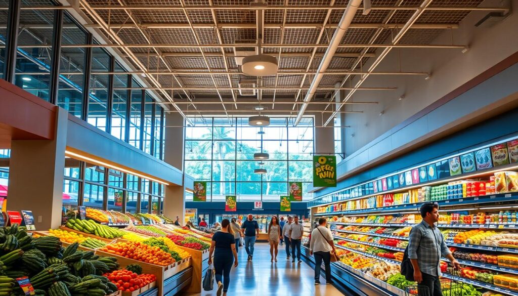 A vibrant, well-lit supermarket interior in Maringá, Brazil. The spacious, modern layout features rows of colorful produce, neatly stocked shelves, and efficient checkout counters. Warm lighting illuminates the scene, casting a welcoming atmosphere. Shoppers casually browse the aisles, engaged in their daily grocery routine. Large windows along the façade allow natural light to flood the space, creating a bright and airy ambiance. The supermarket exudes a sense of cleanliness, organization, and community, reflecting the high standards expected by discerning Maringá residents. A vibrant, well-lit supermarket interior in Maringá, Brazil. The spacious, modern layout features rows of colorful produce, neatly stocked shelves, and efficient checkout counters. Warm lighting illuminates the scene, casting a welcoming atmosphere. Shoppers casually browse the aisles, engaged in their daily grocery routine. Large windows along the façade allow natural light to flood the space, creating a bright and airy ambiance. The supermarket exudes a sense of cleanliness, organization, and community, reflecting the high standards expected by discerning Maringá residents.