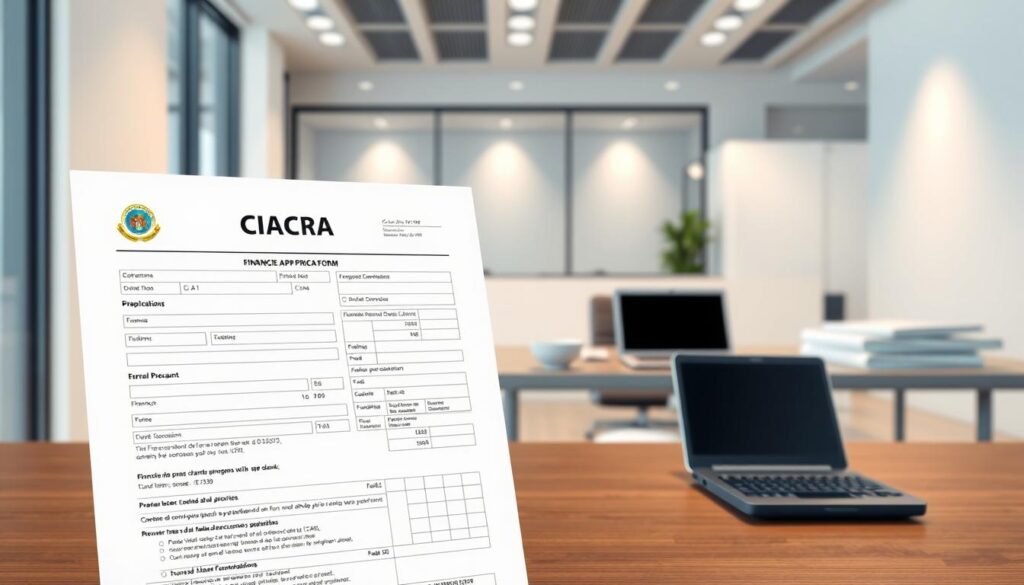 A visually striking digital illustration depicting a simulated CAIXA (the largest state-owned bank in Brazil) financing process. In the foreground, a detailed schematic of a financial application form, its fields and sections meticulously rendered. In the middle ground, a sleek, modern desktop setup with a laptop, calculator, and neatly organized financial documents. The background features a clean, minimalist office environment with modern architectural elements, soft lighting, and a sense of professionalism and efficiency. The overall composition conveys a sense of organization, attention to detail, and the steps involved in preparing for a CAIXA financing application. A visually striking digital illustration depicting a simulated CAIXA (the largest state-owned bank in Brazil) financing process. In the foreground, a detailed schematic of a financial application form, its fields and sections meticulously rendered. In the middle ground, a sleek, modern desktop setup with a laptop, calculator, and neatly organized financial documents. The background features a clean, minimalist office environment with modern architectural elements, soft lighting, and a sense of professionalism and efficiency. The overall composition conveys a sense of organization, attention to detail, and the steps involved in preparing for a CAIXA financing application.