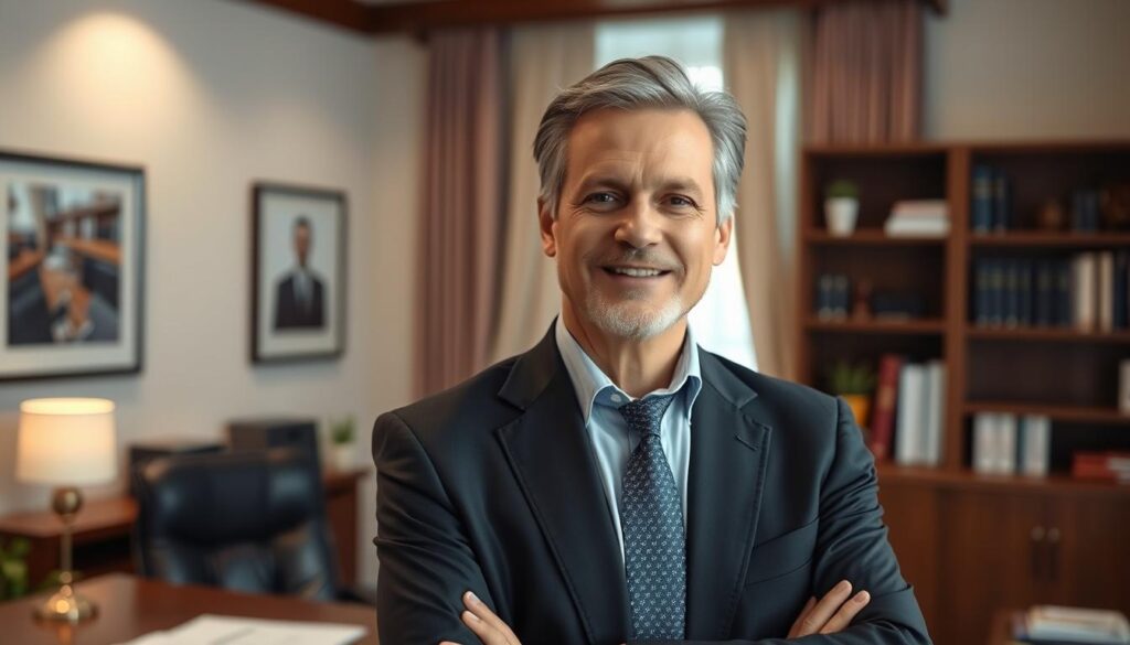 A well-dressed, middle-aged individual standing confidently in a formal office setting, with a warm, reassuring expression. The background features a neatly organized desk, bookshelves, and subtle lighting, conveying a professional and trustworthy atmosphere. The subject's pose and demeanor suggest a sense of responsibility, reliability, and a willingness to support the viewer's financial endeavors. The image should evoke a feeling of security and comfort, underscoring the pivotal role of a guarantor in credit agreements. A well-dressed, middle-aged individual standing confidently in a formal office setting, with a warm, reassuring expression. The background features a neatly organized desk, bookshelves, and subtle lighting, conveying a professional and trustworthy atmosphere. The subject's pose and demeanor suggest a sense of responsibility, reliability, and a willingness to support the viewer's financial endeavors. The image should evoke a feeling of security and comfort, underscoring the pivotal role of a guarantor in credit agreements.