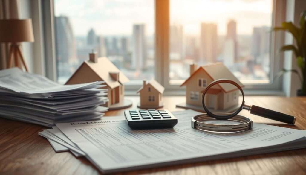 A well-lit, detailed interior scene showcasing the various costs associated with purchasing a real estate property. In the foreground, a stack of documents, receipts, and a calculator representing the legal, administrative, and financial expenses. In the middle ground, a model house and a magnifying glass, symbolizing the thorough inspection process. The background features a large window overlooking a cityscape, suggesting the broader economic and market factors influencing the purchase. The overall mood is one of careful planning and decision-making, reflecting the nuanced considerations involved in the home-buying process. A well-lit, detailed interior scene showcasing the various costs associated with purchasing a real estate property. In the foreground, a stack of documents, receipts, and a calculator representing the legal, administrative, and financial expenses. In the middle ground, a model house and a magnifying glass, symbolizing the thorough inspection process. The background features a large window overlooking a cityscape, suggesting the broader economic and market factors influencing the purchase. The overall mood is one of careful planning and decision-making, reflecting the nuanced considerations involved in the home-buying process.