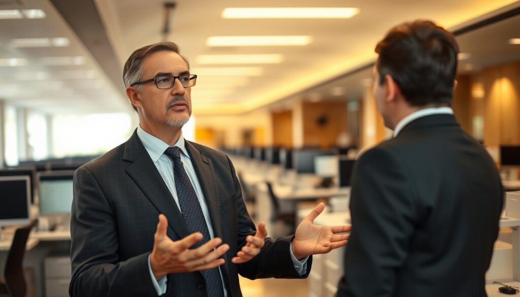 A well-lit, high-resolution photograph of a middle-aged man in a formal suit standing in a modern office or financial institution. The man is gesturing with his hands, engaged in a serious discussion with another person just out of frame. The background is filled with orderly rows of desks, computer screens, and filing cabinets, conveying a sense of professional authority and responsibility. The lighting is warm and natural, accentuating the man's confident, authoritative pose. The overall scene suggests the role and responsibilities of a fiador, or guarantor, in the Brazilian financial system. A well-lit, high-resolution photograph of a middle-aged man in a formal suit standing in a modern office or financial institution. The man is gesturing with his hands, engaged in a serious discussion with another person just out of frame. The background is filled with orderly rows of desks, computer screens, and filing cabinets, conveying a sense of professional authority and responsibility. The lighting is warm and natural, accentuating the man's confident, authoritative pose. The overall scene suggests the role and responsibilities of a fiador, or guarantor, in the Brazilian financial system.