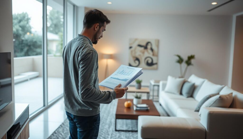 A well-lit indoor scene, with a person standing in a modern, minimalist living room. The person is examining financial documents and appears to be considering using their FGTS (Fundo de Garantia do Tempo de Serviço, a Brazilian worker's severance fund) to purchase a new property after selling their previous home. The room is decorated in neutral tones, with sleek furniture and large windows letting in plenty of natural light. The overall mood is one of contemplation and financial decision-making. A well-lit indoor scene, with a person standing in a modern, minimalist living room. The person is examining financial documents and appears to be considering using their FGTS (Fundo de Garantia do Tempo de Serviço, a Brazilian worker's severance fund) to purchase a new property after selling their previous home. The room is decorated in neutral tones, with sleek furniture and large windows letting in plenty of natural light. The overall mood is one of contemplation and financial decision-making.