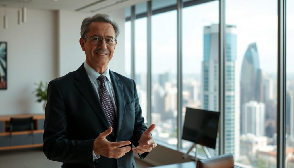 A well-lit interior scene depicting a mature, professional-looking person in a suit, standing in a modern office environment. The individual is gesturing towards a large window, which provides a view of a bustling city skyline in the background. The lighting is soft and natural, creating a warm and inviting atmosphere. The scene conveys a sense of authority, expertise, and trustworthiness, reflecting the role of a "fiador imobiliário" or real estate guarantor. A well-lit interior scene depicting a mature, professional-looking person in a suit, standing in a modern office environment. The individual is gesturing towards a large window, which provides a view of a bustling city skyline in the background. The lighting is soft and natural, creating a warm and inviting atmosphere. The scene conveys a sense of authority, expertise, and trustworthiness, reflecting the role of a "fiador imobiliário" or real estate guarantor.