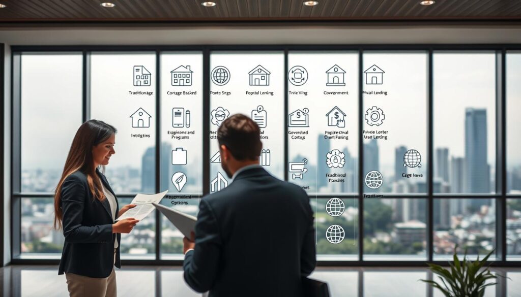 A well-lit interior scene showcasing various types of Brazilian real estate financing. In the foreground, a banker presents paperwork to a young couple, explaining the intricacies of mortgage options and loan structures. In the middle ground, a collection of icons and infographic elements illustrate the key features of popular financing types, such as traditional mortgages, government-backed programs, and private lending. The background depicts a modern urban skyline, suggesting the broad applicability of these financing tools. The overall mood is informative and approachable, inviting the viewer to learn more about the diverse landscape of real estate financing in Brazil. A well-lit interior scene showcasing various types of Brazilian real estate financing. In the foreground, a banker presents paperwork to a young couple, explaining the intricacies of mortgage options and loan structures. In the middle ground, a collection of icons and infographic elements illustrate the key features of popular financing types, such as traditional mortgages, government-backed programs, and private lending. The background depicts a modern urban skyline, suggesting the broad applicability of these financing tools. The overall mood is informative and approachable, inviting the viewer to learn more about the diverse landscape of real estate financing in Brazil.