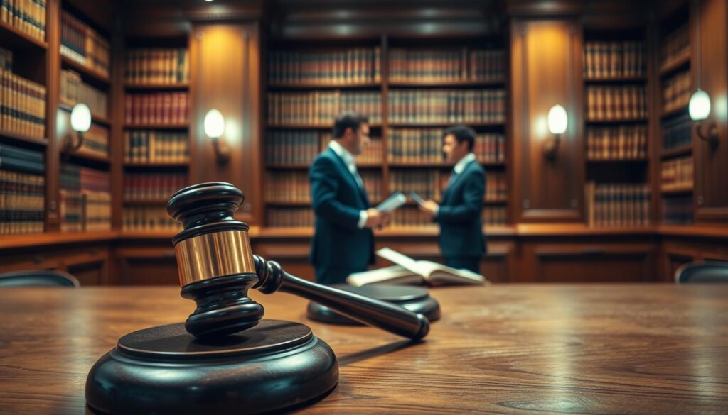 A well-lit, meticulously detailed courtroom scene depicting the concept of "indisponibilidade medida cautelar" (precautionary measures to restrict the disposition of assets). In the foreground, a judge's gavel rests on an ornate wooden desk, symbolizing the judicial authority. In the middle ground, two lawyers engaged in an intense discussion, their body language conveying the gravity of the legal proceedings. The background showcases a towering bookshelf filled with law volumes, casting a warm, intellectual atmosphere. Soft, directional lighting illuminates the scene, creating a sense of solemnity and professionalism. The overall composition suggests the careful balance between protecting individual rights and ensuring the integrity of the legal system. A well-lit, meticulously detailed courtroom scene depicting the concept of "indisponibilidade medida cautelar" (precautionary measures to restrict the disposition of assets). In the foreground, a judge's gavel rests on an ornate wooden desk, symbolizing the judicial authority. In the middle ground, two lawyers engaged in an intense discussion, their body language conveying the gravity of the legal proceedings. The background showcases a towering bookshelf filled with law volumes, casting a warm, intellectual atmosphere. Soft, directional lighting illuminates the scene, creating a sense of solemnity and professionalism. The overall composition suggests the careful balance between protecting individual rights and ensuring the integrity of the legal system.